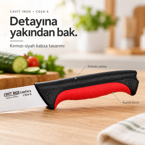 Cavit Inox COMFORA C024-S Sebze Bıçağı 10 cm, kırmızı siyah kaymaz saplı paslanmaz çelik bıçak - görsel 3