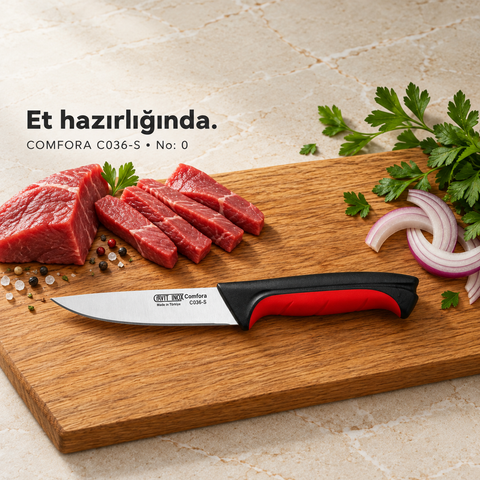 Cavit Inox COMFORA C036-S Et Bıçağı 10 cm, kırmızı siyah kaymaz saplı paslanmaz çelik bıçak - görsel 3