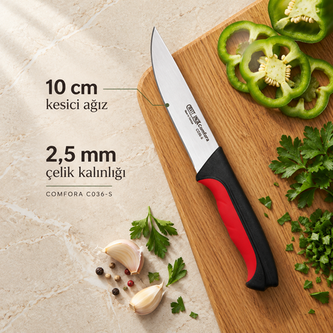 Cavit Inox COMFORA C036-S Et Bıçağı 10 cm, kırmızı siyah kaymaz saplı paslanmaz çelik bıçak - görsel 6