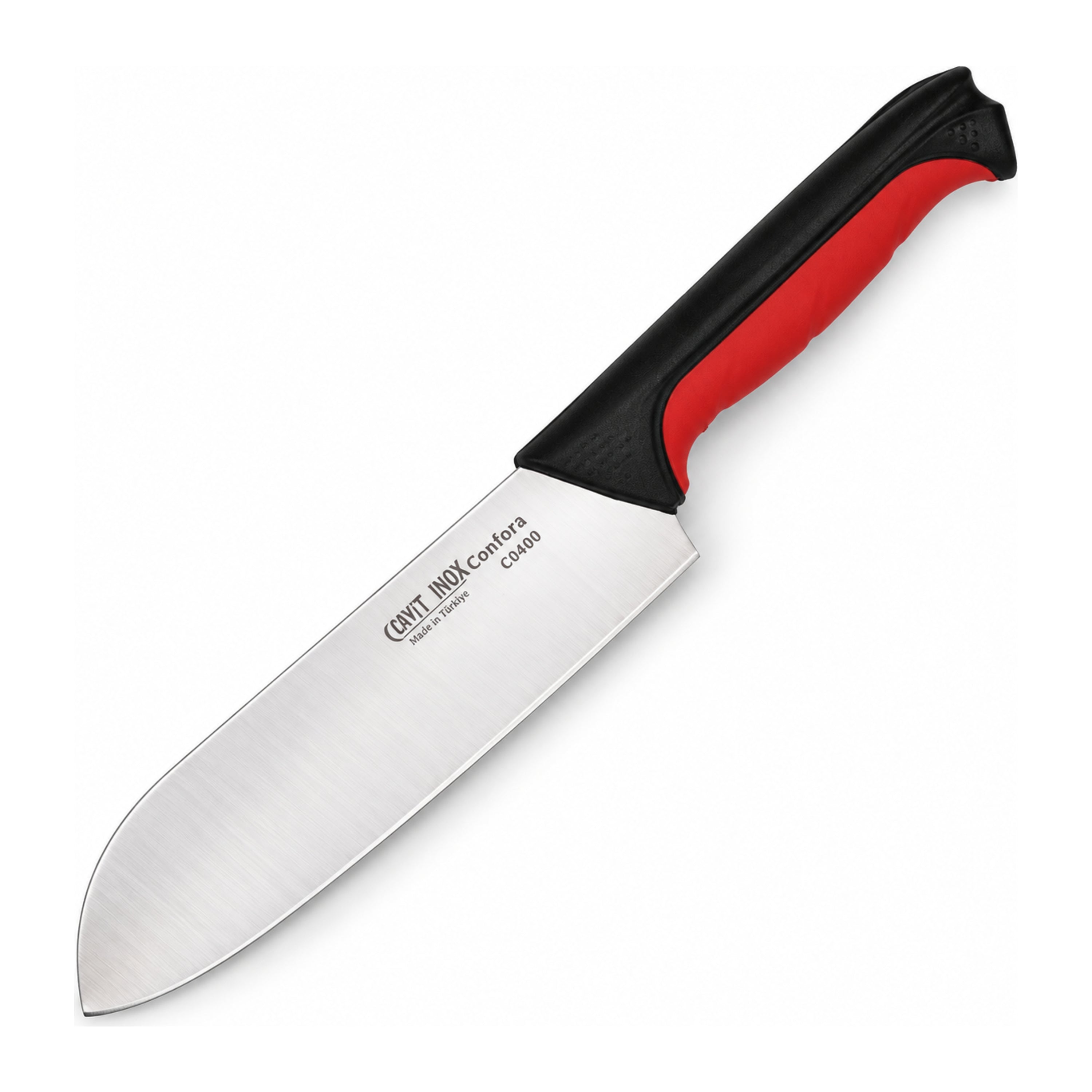 Cavit Inox COMFORA C0400 Santoku Şef Bıçağı 15 cm, kırmızı siyah kaymaz saplı paslanmaz çelik bıçak