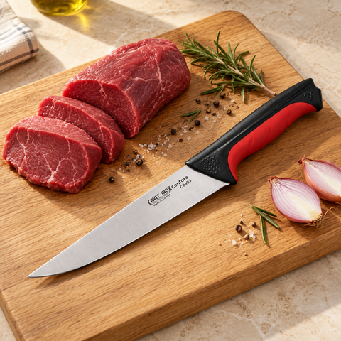 Cavit Inox COMFORA C0403 Et Bıçağı 18,5 cm, kırmızı siyah kaymaz saplı paslanmaz çelik bıçak - görsel 3