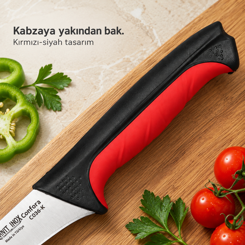 Cavit Inox COMFORA C036-K Kemik Sıyırma Bıçağı 13 cm, kırmızı siyah kaymaz saplı paslanmaz çelik bıçak - görsel 4