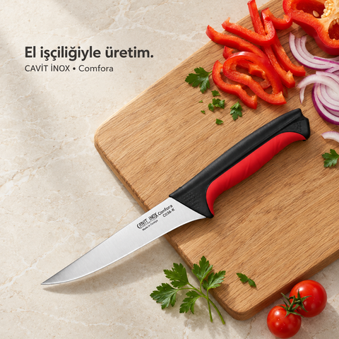 Cavit Inox COMFORA C036-K Kemik Sıyırma Bıçağı 13 cm, kırmızı siyah kaymaz saplı paslanmaz çelik bıçak - görsel 5
