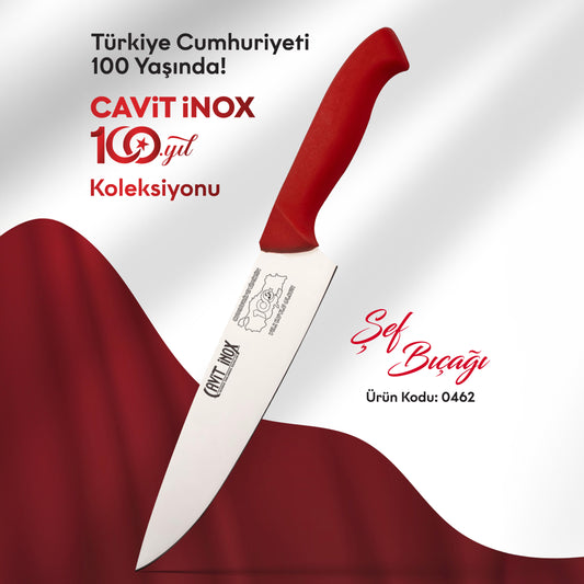 Cavit İnox 100. yıl koleksiyonu kırmızı saplı şef bıçağı, Türkiye Cumhuriyeti 100 yaşında yazılı görsel